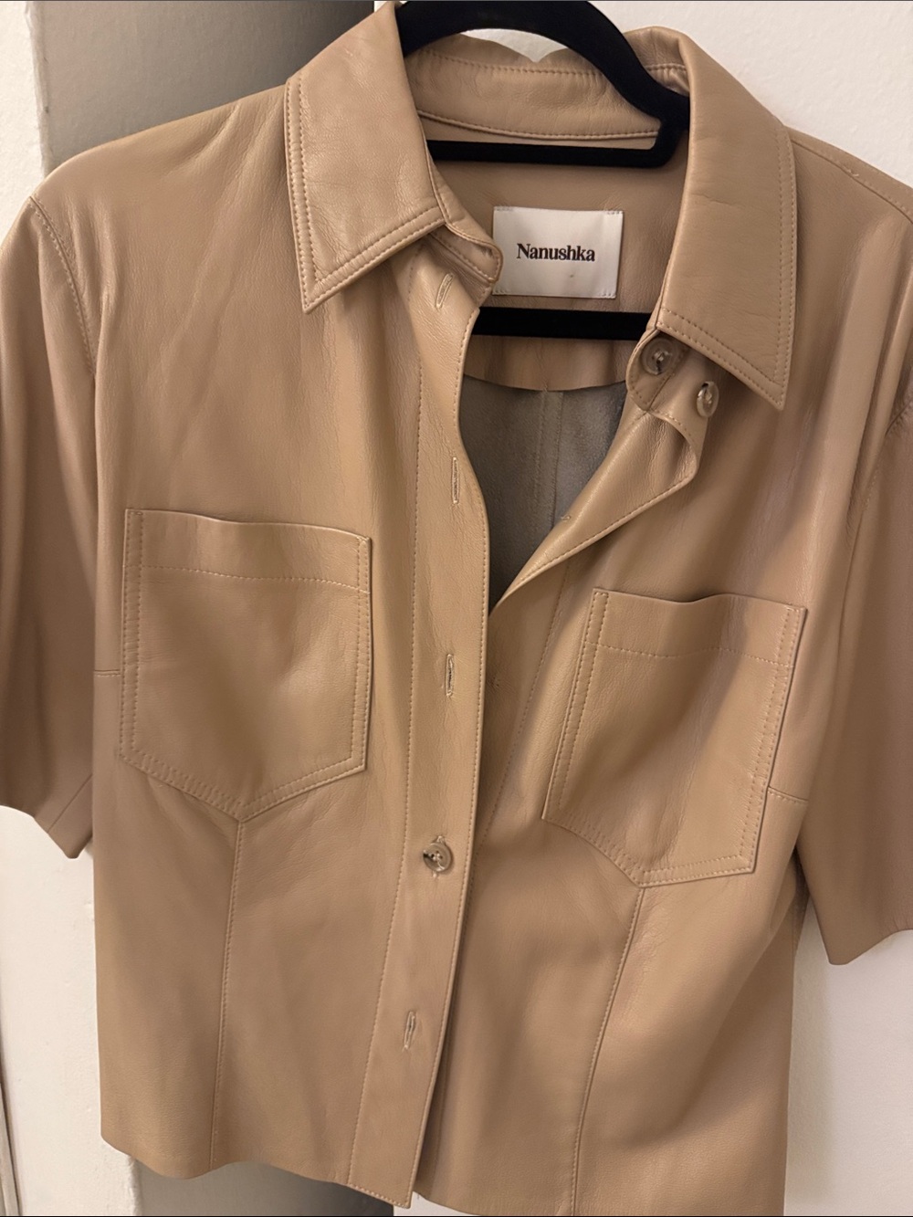 Nanushka Beige Short-Sleeve Leather Button-Down Shirt